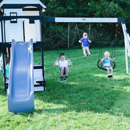 Backyard Discovery Canyon Creek White Cedar Wood Swing Set with Wave Slide, Clubhouse, Play Kitchen, Picnic Area, Belt Swings, Web Swing, Rock Wall, Balconies, Playhouse, Step Ladder, Outdoor Playset