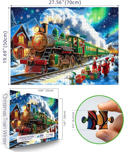 Blueforest Christmas 1000 Piece Jigsaw Puzzle for Adults - 27.5x19.7 Inches Holiday Train Scene with Aurora & Santa, Challenging Fun Adult Puzzles, Home Decor