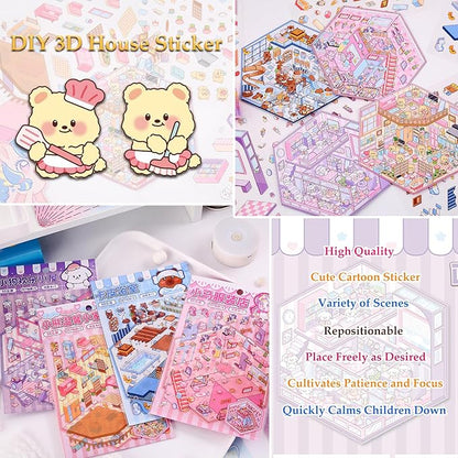 DIY 3D Sticker Scene 4 Sets of Reuseable and Waterproof Stickers Make Your Own Shop Scenes Sticker Cute Miniature Cartoon Stickers for Kids Adult