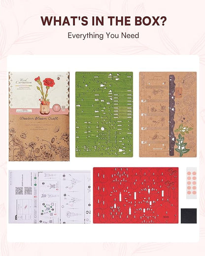 3D Flower Wooden Puzzles for Adults-Red Carnation, DIY Wooden Flowers Model Kit Building Set Crafts for Adults to Build, Botanical Collection/Ideal Creative Gift Ideas/Housewarming (124PCS)