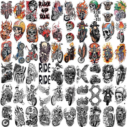 Motorcycle Temporary Tattoos for Adults and Kids, 77 Waterproof Fake Tattoos, 17 Half Arm Sheets and 60 Small Sheets Motocross Racing Rider Dirt Bike Skull Design