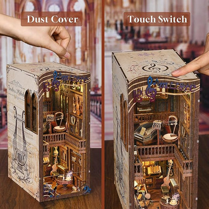 Book Nook Kit Music, DIY Miniature House Kit Book Nook, 3D Wooden Puzzle Bookshelf Insert Diorama Kit with Led Light for Teens and Adults (Timeless Melody)