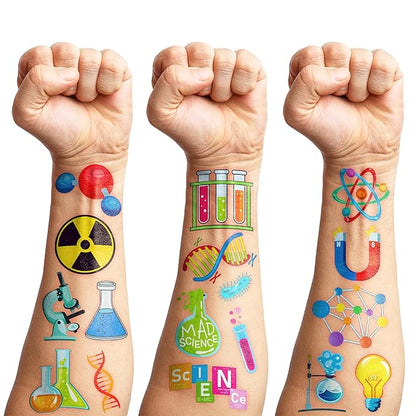96PCS Funny Science Temporary Tattoos Mad Scientist Laboratory Themed Birthday Party Decorations Favors Supplies Decor Math Chemistry Experiment Tattoo Stickers Gifts For Kids Boys Girls School Prizes