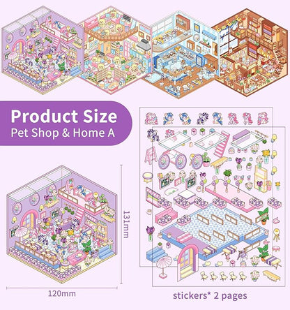 DIY 3D House Stickers, 4 Sets Fun DIY Stickers Scene Make Your Own Mini House Cute Cartoon Animal Scene Sticker for Kids Adult Sticker Art Relief Stress Pass The Time
