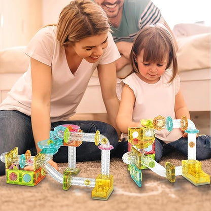 PicassoTiles Magnet Tile Building Block 80pc Marble Run Race Track Travel Size Pretend Play Toy With Launcher Lifter STEM Education Learning Magnetic Tiles Construction Kit School Boys Girls 3+ PTMG80