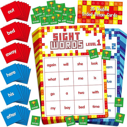 Sight Word Bingo Game, 144 Sight Words Learn to Read Level 1 & Level 2 Bingo Board Game Dolch's & Fry's Words Lists for Kindergarten and Preschool, Grade 1st, 2nd, Kids 4-8 (Up to 25 Players)