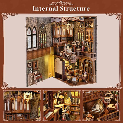Timeless Melody Book Nook Kit, DIY Miniature Dollhouse Booknook Kit Music, 3D Wooden Puzzle Bookend Bookshelf Insert Decor with LED Light, Mini House Kit for Teens and Adults