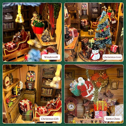 Christmas Book Nook Kit with LED Light - 3D Wooden Puzzles Booknook for Book Shelf Decor - DIY Dollhouse Kit - Book Nooks Decor with Dust Cover Jingle Cabin(SQ-34)