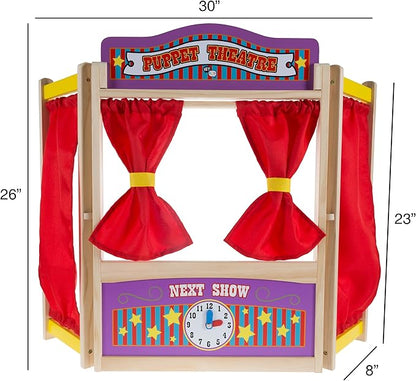 Hey! Play! Wooden Tabletop Puppet Theater with Curtains, Blackboard, and Clock- Inspires Imagination and Creativity for Kids, Boys and Girls