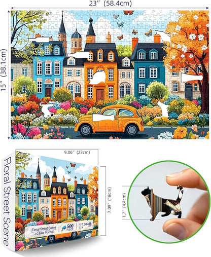 Colorful City Street Jigsaw Puzzles for Adults 500 Pieces Spring Vintage Car and Flower Garden Scene Puzzle Family Challenging Funny Puzzle Perfect for Game Nights(21"x15")
