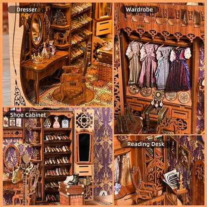Book Nook Kit, DIY Miniature Dollhouse Booknook Kit, 3D Wooden Puzzle Bookend Bookshelf Insert Decor with LED Light for Teens and Adults (Duchess's Cloakroom)