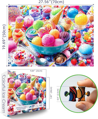 Ice Cream Sweets 1000 Piece Jigsaw Puzzle for Adults Vibrant Summer Dessert Adult Jigsaw Puzzles Cool Unique Letters on Back Fun Family Challenging Puzzle Gifts for Adults Senior (27.6"x19.7")