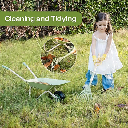 ROBOTIME Kids Wheelbarrow Set, 5PCS Kids Gardening Tool Set with Metal Toy Wheelbarrow, Shovel, Hoe, Broom & Gloves, Outdoor Yard Play for Planting, Sand, Leaves & Snow Fun, Gifts for Toddler 3+