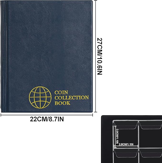 420 Pockets Coin Albums - 1.2x1.1 inch Grid Blue Coin Book 10 Pages Coin Collection Holder Letter Size Coin Storage Book 3.0x2.8 cm Pocket CS0242BK
