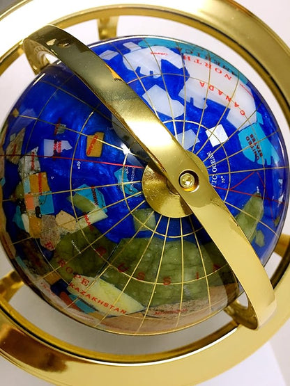 Unique Art 10-Inch Tall Table Top Blue Pearl Swirl Ocean Gemstone World Globe with Gold Tripod Stand (Blue Pearl)