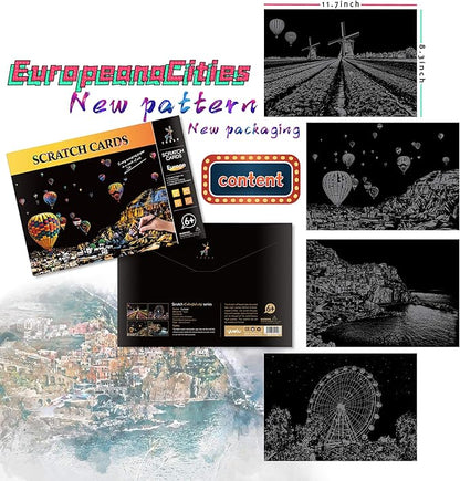 Scratch Art for Adults and Kids-City Landmarks Scratch Painting Craft Kit (8 Sheets A4)|DIY Foil Engraving Art Set|Stress Relief Gift for Travel Lovers,Craft Lovers,Home Decor(America/Europe)