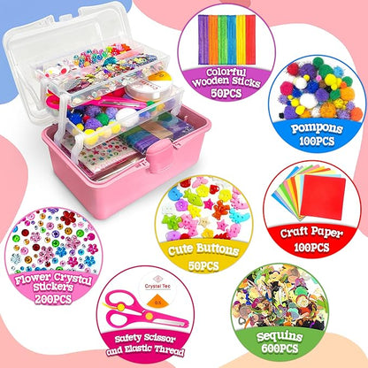 LINAYE 2500+PCS Arts and Crafts Supplies for Kids, DIY Craft Supplies Kit Box for Ages 6-8, Arts and Crafts Kit for Kids, Crafting Supply Set for Girls Boys Birthday Christmas Gifts, Pink