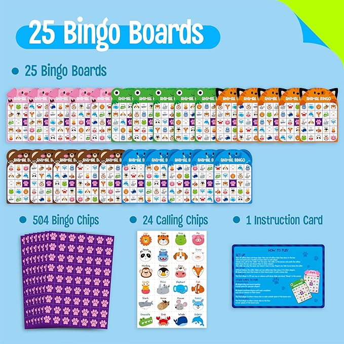 SpriteGru Animal Bingo Game, 25PCS Bingo Board Game, 2-25 Players Bingo Game Set for Family, Friend, Kid, Adult, Fun Group Activity Interesting Party Supplies