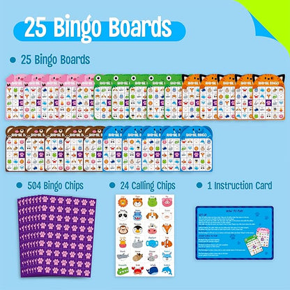 SpriteGru Animal Bingo Game, 25PCS Bingo Board Game, 2-25 Players Bingo Game Set for Family, Friend, Kid, Adult, Fun Group Activity Interesting Party Supplies