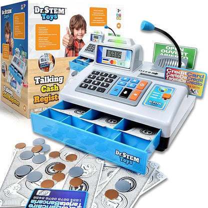 Dr. STEM Toys | Talking Toy Cash Register | STEM Learning 69 Piece Pretend Store with 3 Languages, Paging Microphone, Credit Card, Bank Card, Play Money and Banking for Kids (Silver)
