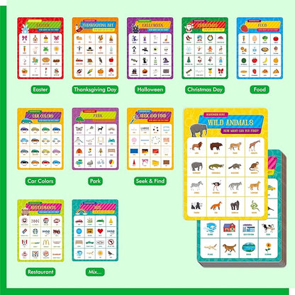 Road Trip Bingo Game, 30 Double-Sided Game Boards (Animal, Holiday, Building, Vehicle Themes), Dry-Erase Scavenger Hunt Bingo Games for Road Trip, Car Travel, Outdoor Activities for Kid, Adult