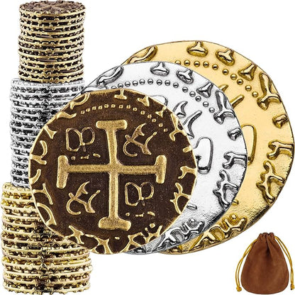 Large Pirate Coins - 36 Bronze, Silver & Gold Treasure Coin Set - Metal Replica Spanish Doubloons for for Pirate Party Decorations & Favors, Tokens, Cosplay - Pirate Treasure Chest - M, L, XL Sizes