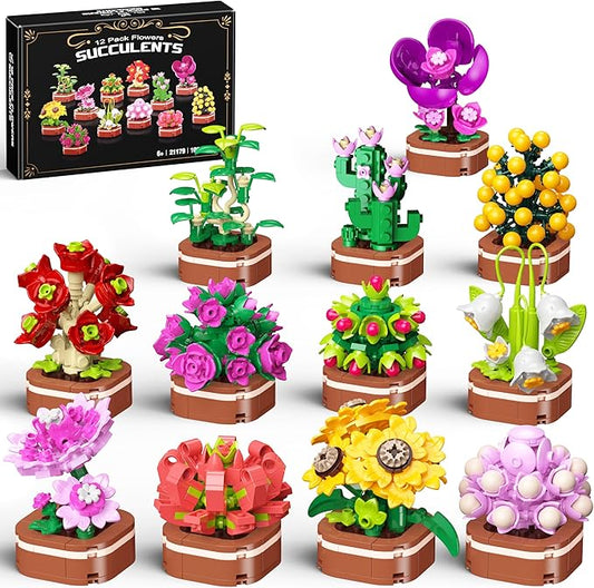 Flowers Bouquet Building Set, 1001 PCS Botanical Collection with Roses, Sunflowers etc. 12 Pack Mini Bonsai Block Toy, Gift for Kids 6+ & Adults for Christmas, Mother's Day, Valentine's Day