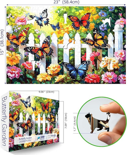 500 Piece Butterfly Garden Jigsaw Puzzle for Adults - 23x15 Inch Colorful Flower & Butterfly Art Puzzle, Unique Cool Puzzles for Home Decor