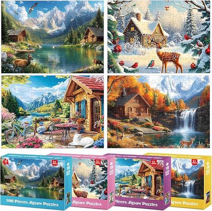 100 Piece Puzzles - Four Seasons Scenery Large Piece Puzzles for Senior Adults Kids Puzzle Ages 5-8 Jigsaw Puzzle for Kids Ages 4-6 6-8 8-10 Year Old Educational Toys for Girls Boys 4-Pack