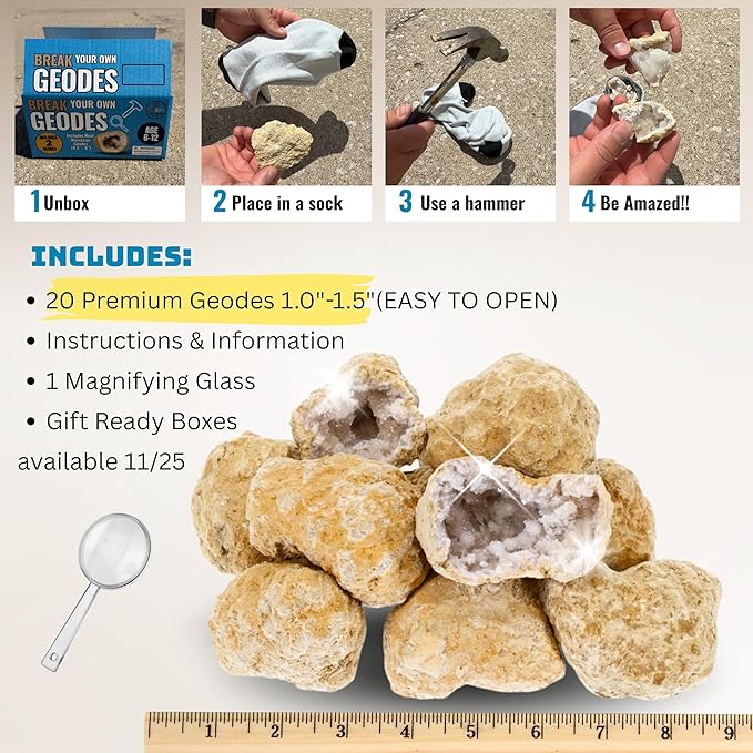 Break Your Own Geodes Kit for Kids – 20 Natural Geodes (1.0–1.5”) with Magnifying Glass & Learning Guide – STEM Science Rock Kit for Kids Ages 6–12 – Educational Gift for Classrooms & Parties