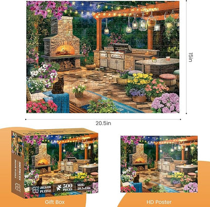 500 Piece Puzzles for Adults, Cozy Flowers Garden Patio with Fireplace Jigsaw Puzzle, Fun and Challenging Puzzle for Family Time, Relaxing Gift for Adults, Kids, Seniors, 20.5 x 15 in