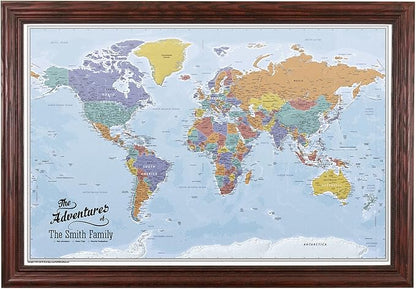 Canvas - Personalized Blue Oceans World Push Pin Travel Map with Solid Wood Cherry Red Frame