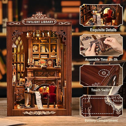 ISSEVE Book Nook Kit, DIY Miniature House Kit for Adults Teen Beginners, Dollhouse Mini Booknook Kits, Tiny House Bookshelf Decoration, 3D Wooden Puzzles Crafts Gifts (Twilight Library)