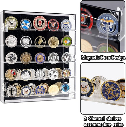 Coin Holder, Challenge Coin Display, Acrylic Military Coin Display Case with Removable Shelves and Magnetic Door, Fits 45 Military Medals Poker Chip Pins Badges, for Casino Poker Chips Collectibles
