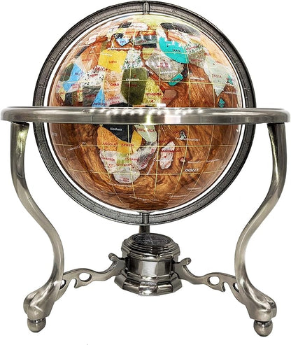 unique art since 1996 Limited Edition! unique art since 1996 Amber Pearl Swirl Table Top Gemstone World Globe with Tripod Silver Zinc Alloy Stand (220MM/9 INCHES/Amber Ocean)