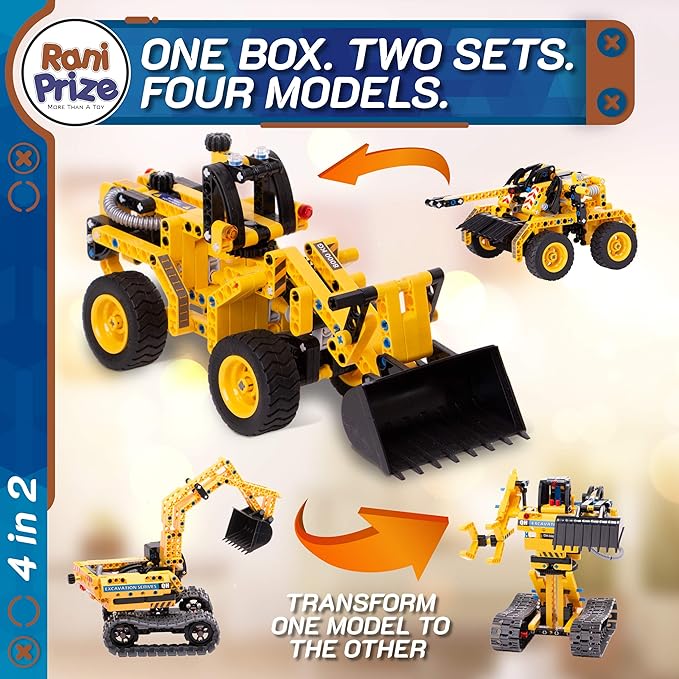 4-in-1 DIY Construction STEM Toy: 603-Piece Excavator Building & Robotics Kit, Educational Engineering Playset for Boys & Girls 8-12, Quality Family Time Popular Gift with Storage Box