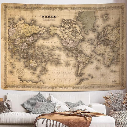 GOAOK Retro Vintage Map World Map Tapestry, 90"x70", Polyester, Wall Mount, Bedroom & Office