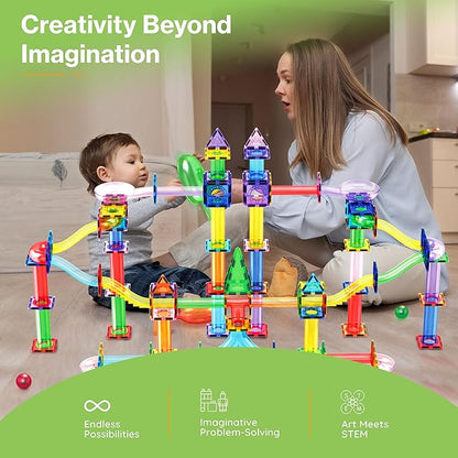 PicassoTiles 200pc Magnetic Marble Run Tiles Toy STEM Educational Race Track with Light Up Marbles Magnet Tile Building Blocks Maze Kit Sensory Pretend Play Toys for Toddlers Boys Girls Ages 3+ PTG200