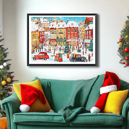Vintage Christmas Town Jigsaw Puzzles for Adults 500 Pieces Winter Holiday Scene with Classic Cars, Festive Shoppers, Decorated Tree & Snowy Streets - Family Challenge Puzzle （23"x15"