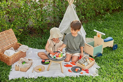 PlanToys® Wooden Barbeque Pretend Cooking Toy for Kids | Kitchen Toy Includes Grill, Food Pieces, Tongs & Charcoal Stove | Montessori Food Role Play Set for Fine Motor Skills & Imaginative Learning