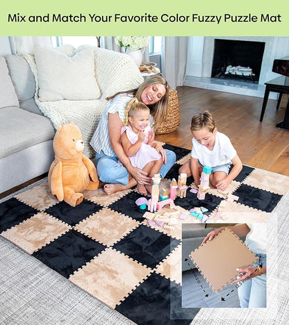 16 Piece Carpet Squares Puzzle Mat 49" x 49" Plush Interlocking Carpet Tiles, Foam Floor Tiles for Baby Play Mat - Kids Soft Play Floor Mats, Anti Slip Jigsaw Flooring Playmat Playroom Rug (Black)