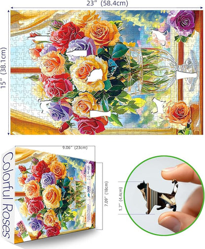 500-Piece Jigsaw Puzzle for Adults - Colorful Roses in Glass Vase, 23x15 Inch Challenging Puzzle, Floral Puzzle for Adults & Teens, Premium Thick Cardboard Pieces with Reference Poster