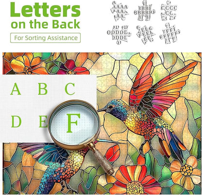 Stained Glass Flower Bird Puzzles for Adults 500 Pieces Colorful Mosaic Hummingbird Jigsaw Puzzles 500 Pieces with Letters on Back Hard Impossible Difficult Challenging Family Puzzle (20"X20")