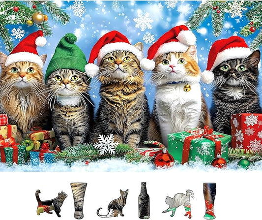 500 Piece Christmas Jigsaw Puzzle for Adults - Cute Cats in Santa Hats & Elf Hat with Unique Shaped Pieces, 23x15 Inch Holiday Puzzle for Home Decor