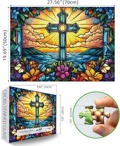 1000 Piece Stained Glass Cross Jigsaw Puzzle for Adults | Challenging & Colorful Cross Flower Pattern | Perfect for Game Nights & Gifts