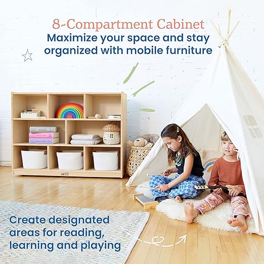 ECR4Kids 8-Compartment Mobile Storage Cabinet, 36in, Classroom Furniture, Natural
