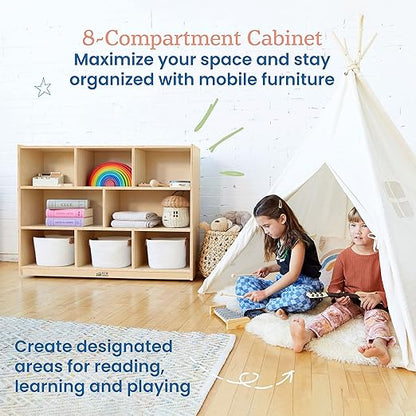 ECR4Kids 8-Compartment Mobile Storage Cabinet, 36in, Classroom Furniture, Natural