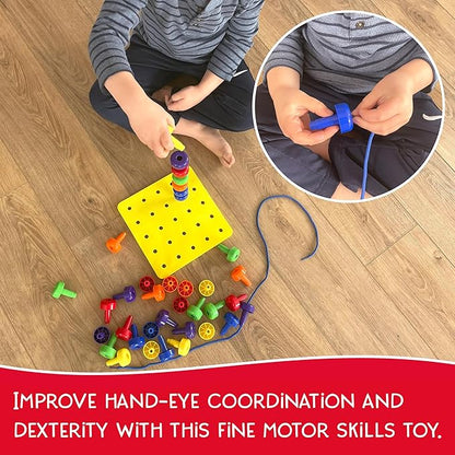 Foam Peg Board Toy - 36 Pegs, Foam Board, Lacing String, Storage Bag - Occupational Therapy Toys - Fine Motor Skills Toys for Toddlers and Kids (Yellow)
