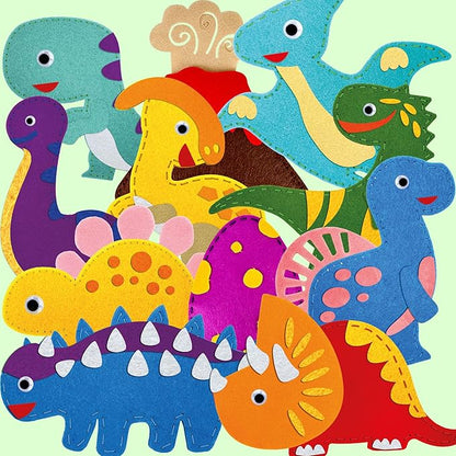 QUOKKA Kids Crafts Ages 7-9, DIY Beginner Needle and Thread Kit - 12 Wild Dino Sewing Kit Basic - Fun Arts Crafts for Kids Ages 7-9 Girls Boys - Plastic Needles, Scissors - 7+ Year Old Girl Gifts