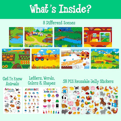 Reusable Jelly Sticker Book, 58 Farm Animals Thick Jelly Stickers Waterproof Gel Cling Decals Farm Themed Busy Book Hands-on Activity Travel Game Educational Learning Toys for Toddlers, Kids
